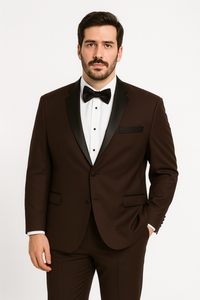Mens Chocolate Brown Tuxedo with Black Satin Peak Lapel – Formal Wedding and Prom Suit