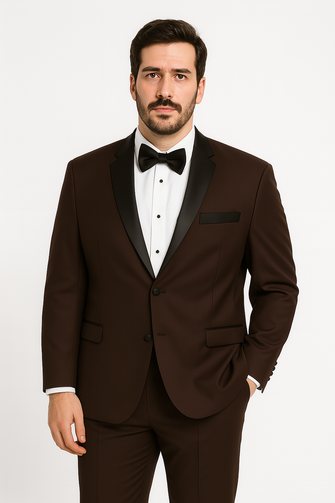 Mens Chocolate Brown Tuxedo with Black Satin Peak Lapel – Formal Wedding and Prom Suit