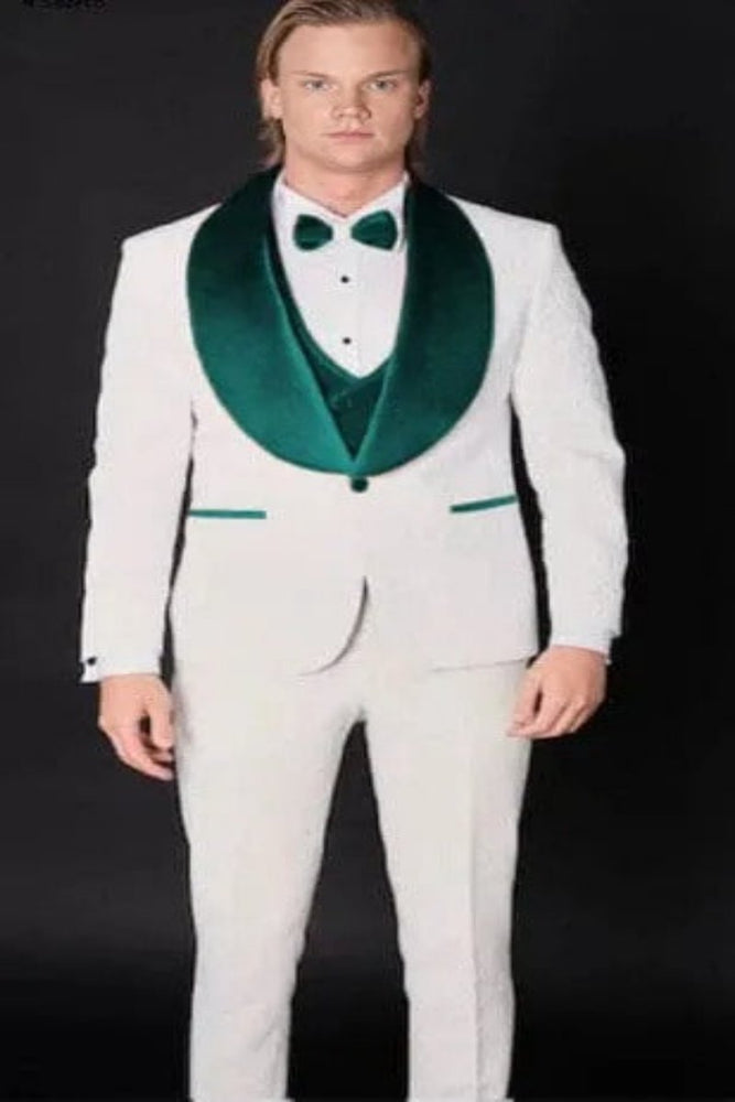 White and Teal Blue Lapel Tuxedo With Vest and Pants - Wedding Groom Suit