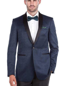 Men's Shawl Collar Blue Textured Double Vent Tuxedo Slim Fit Blazer