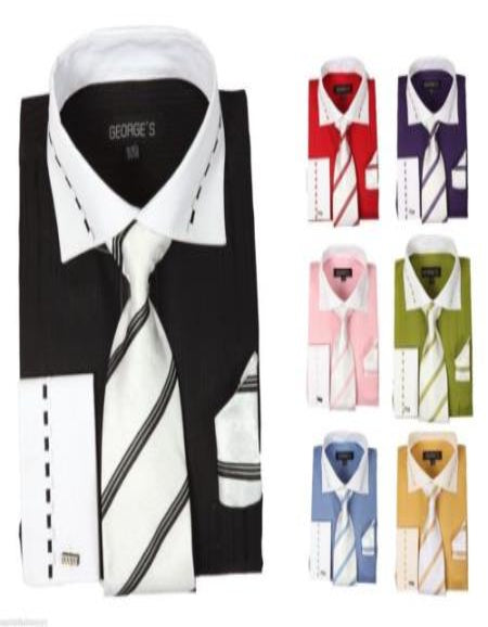 Fashion Tie & Hanky French Cuff Style White Collar Two Toned Contrast Multi-color Men's Dress Shirt