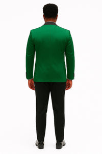 Mens Emerald Green Satin Tuxedo with Black Peak Lapel and Bow Tie – Formal Slim Fit Suit