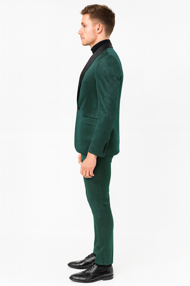Mens Emerald Green Shiny Stripe Tuxedo Suit – Slim Fit 2-Piece Satin Lapel Dinner Jacket and Pants Ultra slim fit