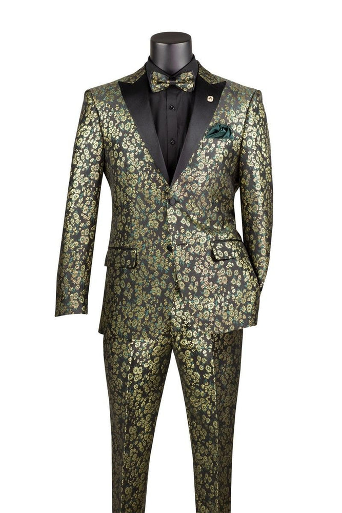 Emerald Green and Gold Floral Tuxedo Suit for Men Perfect Prom or Wedding Suit