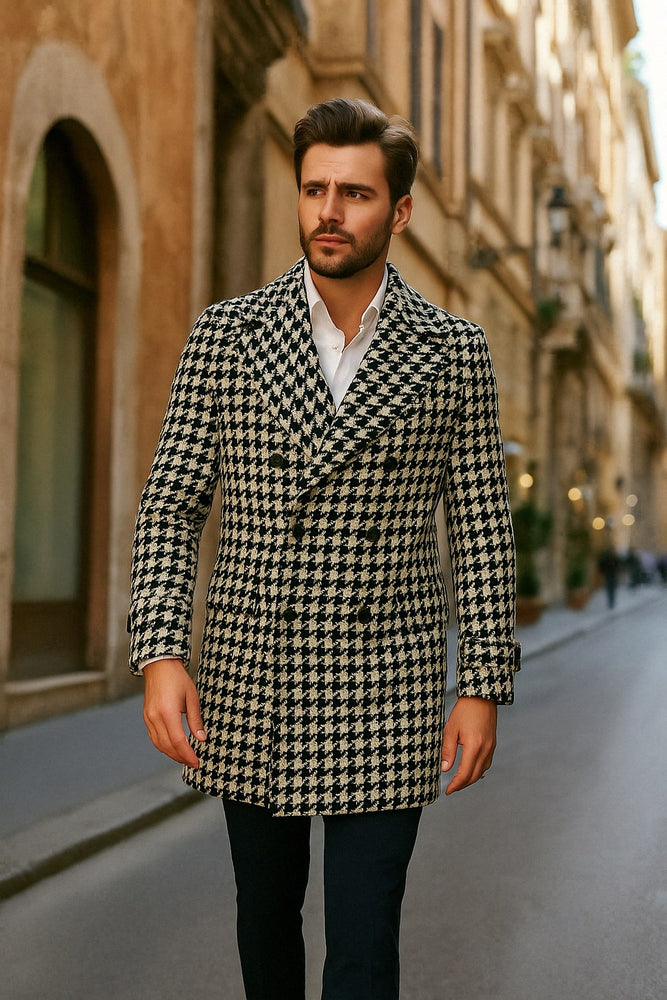 Mens Houndstooth Double-Breasted Wool Peacoat – Black and White Wool  Short Coat Slim Fit