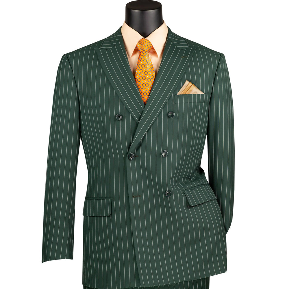 Mens Hunter Green Pinstripe Double-Breasted Suit – Bold 6-Button Vintage Gangster Style 1920s Look