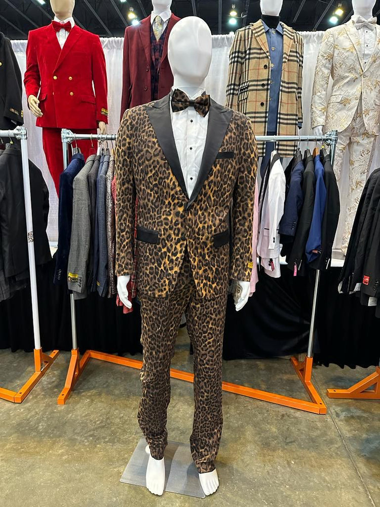 Mens Leopard Print Tuxedo with Black Satin Lapel and Bow Tie – Bold Animal Print Formal Suit
