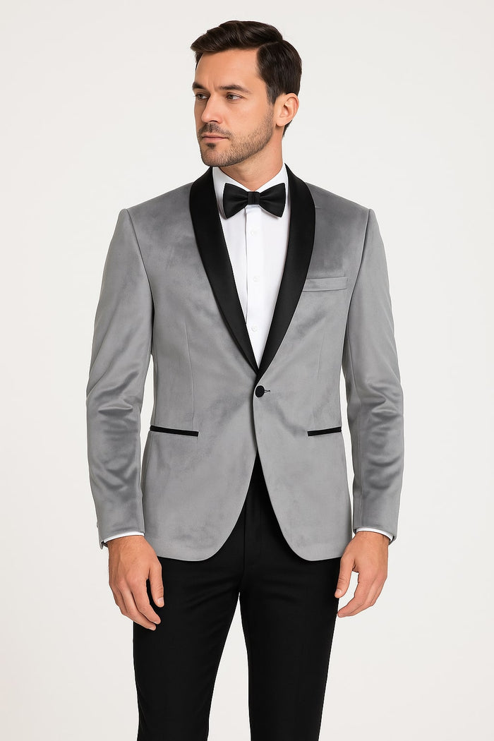 Mens Light Gray Velvet Tuxedo Jacket – Slim Fit Shawl Lapel Formal Blazer + Black Pants Included