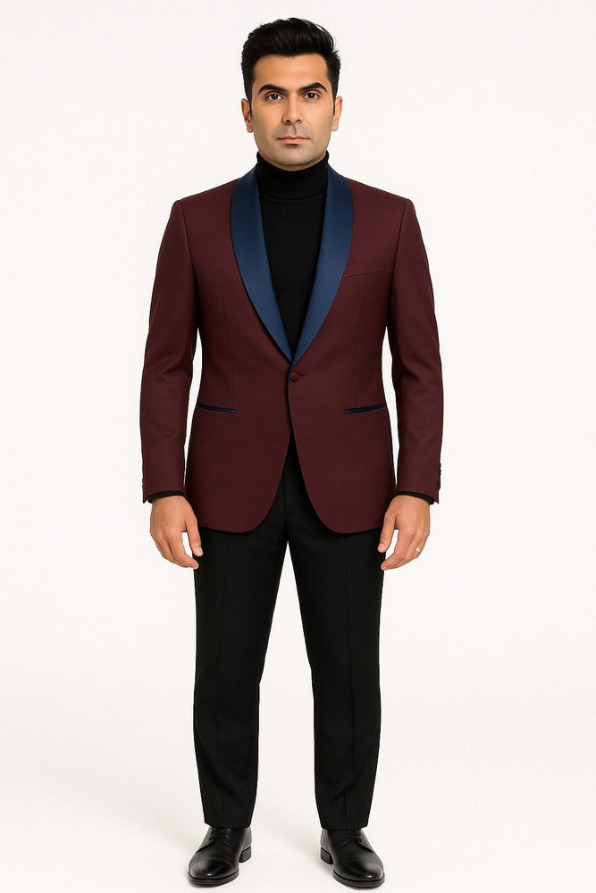 Mens Maroon Tuxedo Jacket with Blue Satin Shawl Lapel – Slim Fit Formal Blazer in Burgundy and Navy Blue