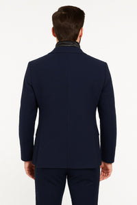 Mens Navy Cashmere and Wool Blazer with Quilted Zip-Up Inner Layer - Two Button Style Notch Lapel