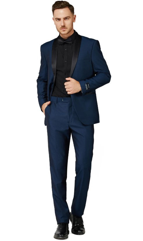 Mens Navy One Button Shawl Lapel Tuxedo Slim Fit Flat Front Pant Suit