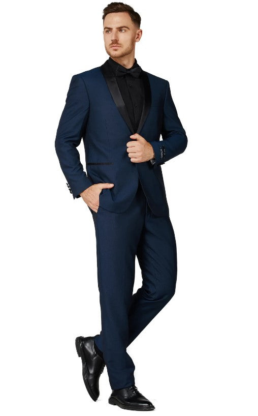 Mens Navy One Button Shawl Lapel Tuxedo Slim Fit Flat Front Pant Suit