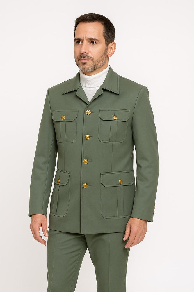 Mens Olive Green Safari Suit Set with Utility Jacket and Adjustable Waist Pants