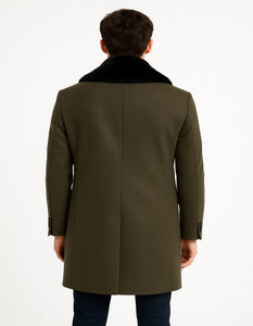 Mens Olive Green Wool Overcoat with Black Faux Fur Shawl Collar – Double Breasted Winter Coat