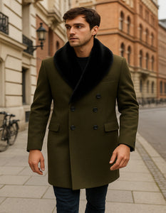 Mens Olive Green Wool Overcoat with Black Faux Fur Shawl Collar – Double Breasted Winter Coat