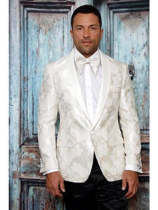 Men's One Button Shawl Lapel Paisley Pattern White Tuxedo