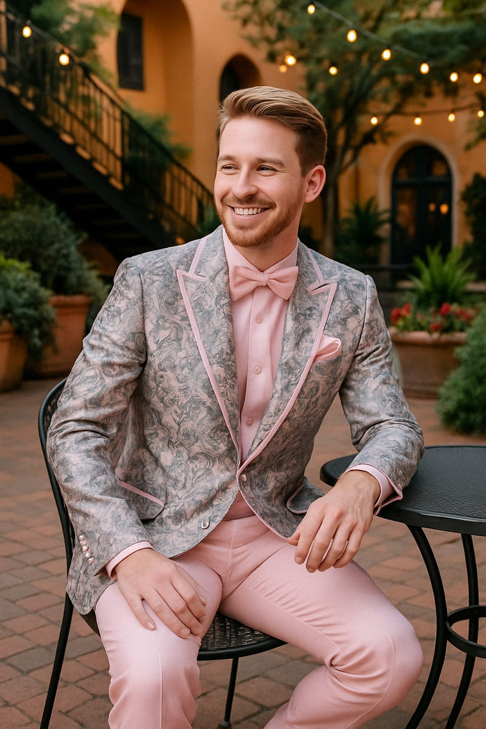 Mens Pink and Grey Floral Tuxedo with Satin Trim – Prom and Wedding Suit with Bow Tie and Flower Pin