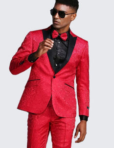 Red Paisley Slim Fit Tuxedo Three Piece Set - Wedding - Prom