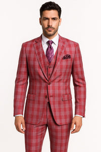 Mens Red Plaid Three-Piece Suit – Bold Checkered Pattern with Vest and Matching Pants