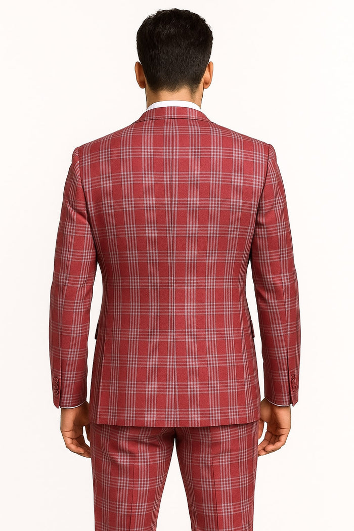 Mens Red Plaid Three-Piece Suit – Bold Checkered Pattern with Vest and Matching Pants