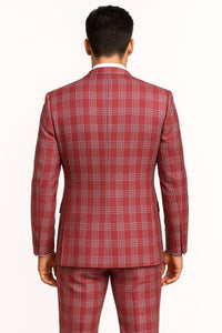 Mens Red Plaid Three-Piece Suit – Bold Checkered Pattern with Vest and Matching Pants