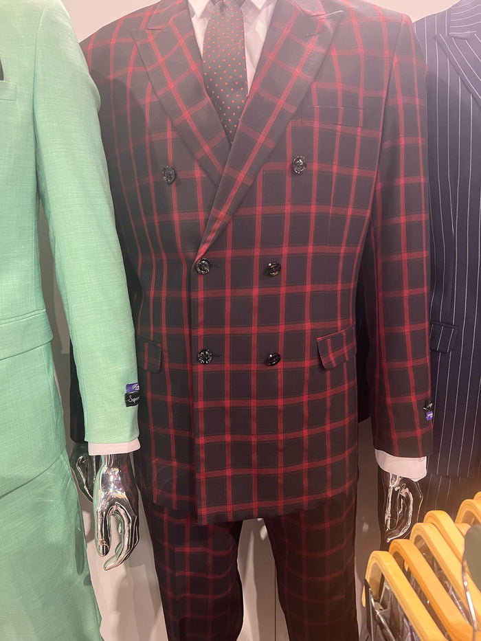 Mens Red and Black Plaid Double-Breasted Suit – Slim Fit Checkered 2 Piece Formal Business Outfit