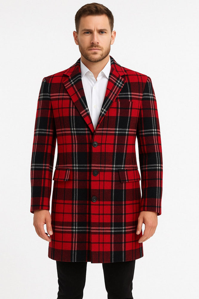 Mens Red and Black Plaid Wool Overcoat with Notch Lapel