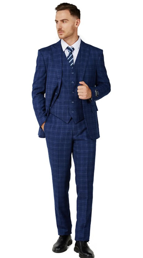 Mens Royal Blue Checker Single Breased Notched Lapel Suit Slim Fit