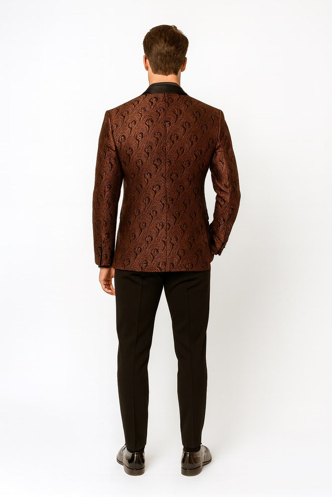 Mens Rust Copper Brick Color Paisley Tuxedo Jacket  Dinner and Wedding Blazer With Black Pants Matching Bowtie