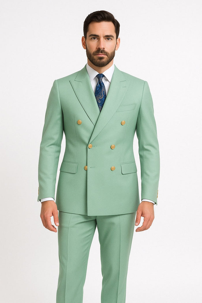 Mens Sage Green Double-Breasted Suit with Gold Buttons – Formal Slim Fit 2-Piece Pistachio Color