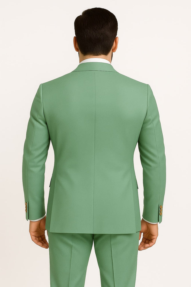 Mens Sage Green Double-Breasted Suit with Gold Buttons – Formal Slim Fit 2-Piece Pistachio Color