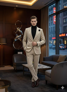 Mens Sand Beige Velvet Tuxedo Suit – 2 Piece Slim Fit Blazer and Pants Formal Set - Winter Fabric Natural Color