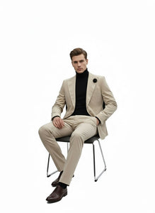 Mens Sand Beige Velvet Tuxedo Suit – 2 Piece Slim Fit Blazer and Pants Formal Set - Winter Fabric Natural Color