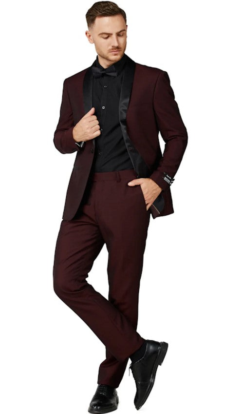 Mens Satin Burgundy Single Breased Shawl Lapel Tuxedo Slim Fit