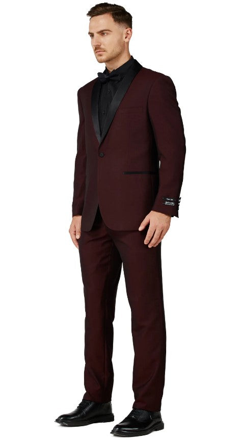 Mens Satin Burgundy Single Breased Shawl Lapel Tuxedo Slim Fit