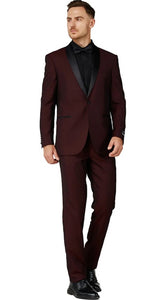 Mens Satin Burgundy Single Breased Shawl Lapel Tuxedo Slim Fit