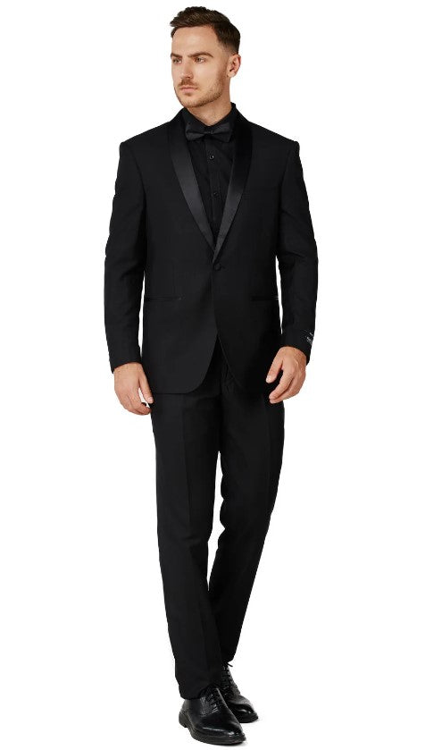 Mens Satin Black Single Breased Shawl Lapel Tuxedo Slim Fit