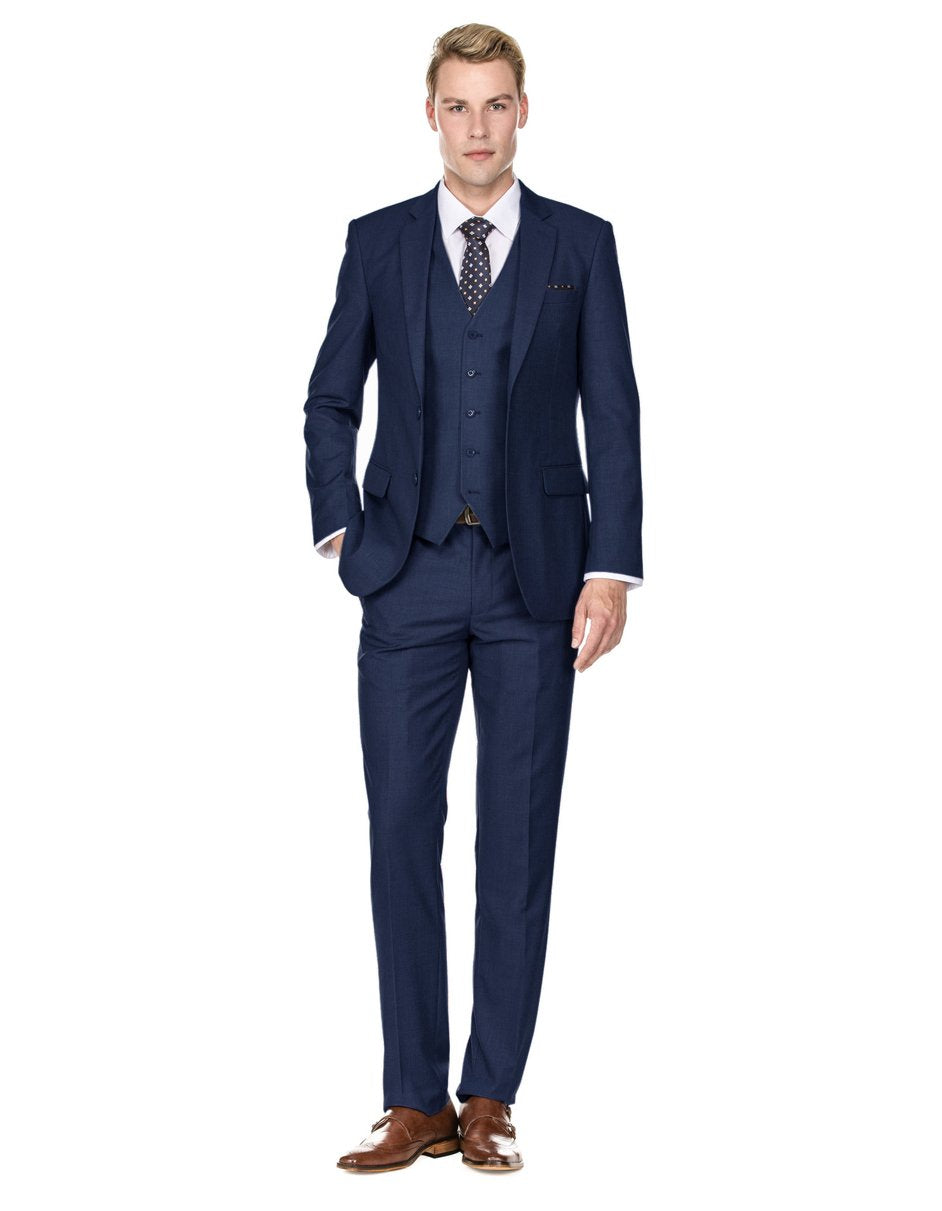 Navy Blue Men's Slim Fit Two Button Vested Suit - Solid Basic Color main image 1