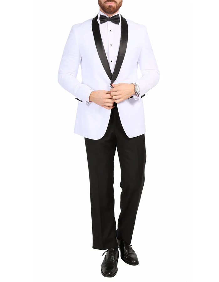 White Prom Suit - White Prom Tuxedo Suits - White Wedding   Fit Shawl Prom  Tuxedo White and Silver Prom Dress