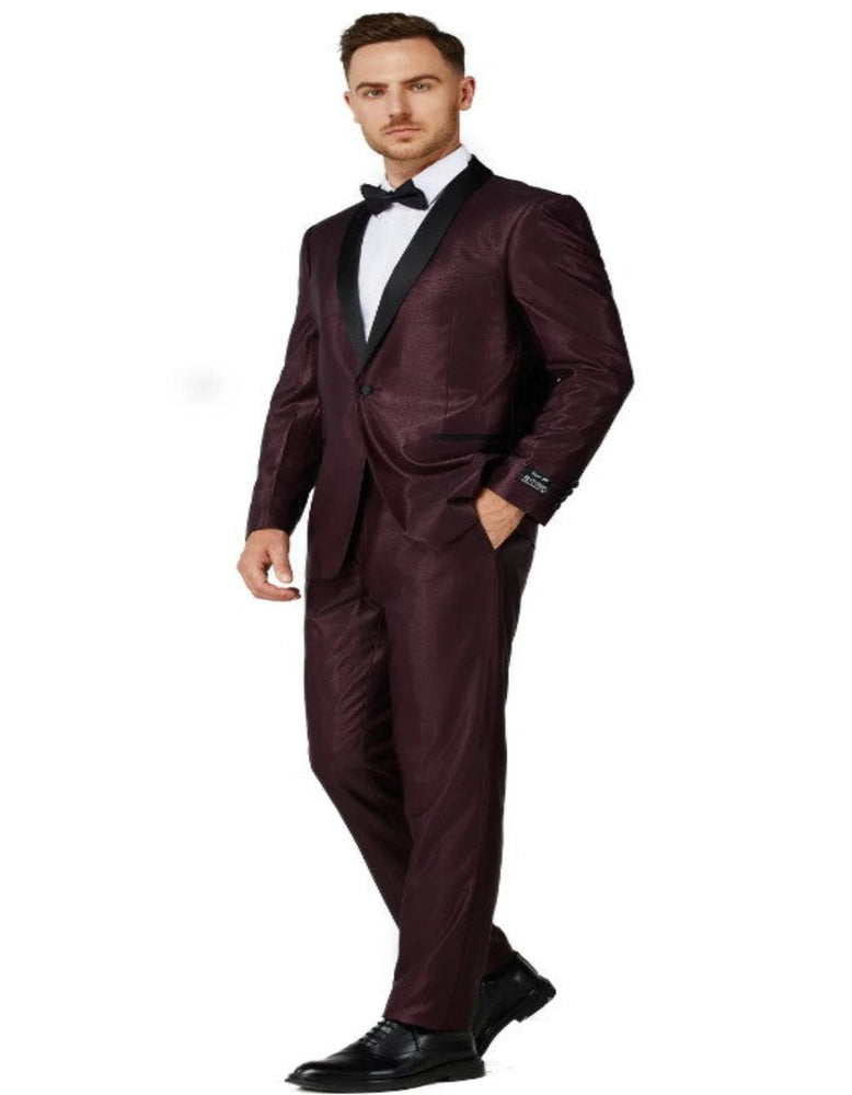 Mens Shiny Burgundy Single Breased Shawl Lapel Tuxedo Slim Fit