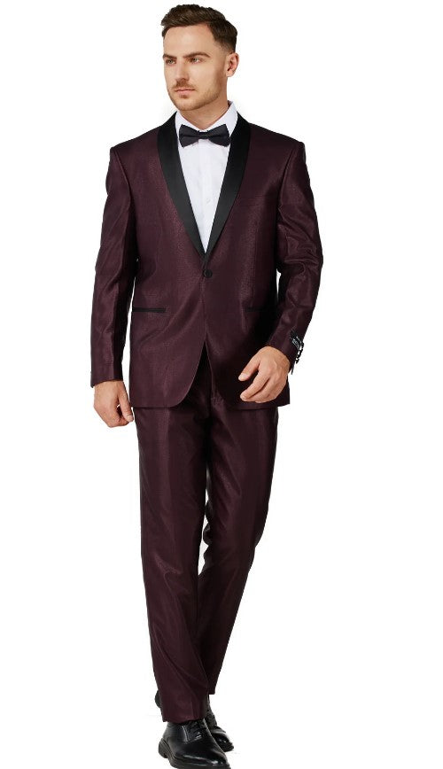 Mens Shiny Burgundy Single Breased Shawl Lapel Tuxedo Slim Fit