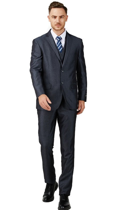 Mens Shiny Charcoal Blue Notched Lapel Suit Slim Fit