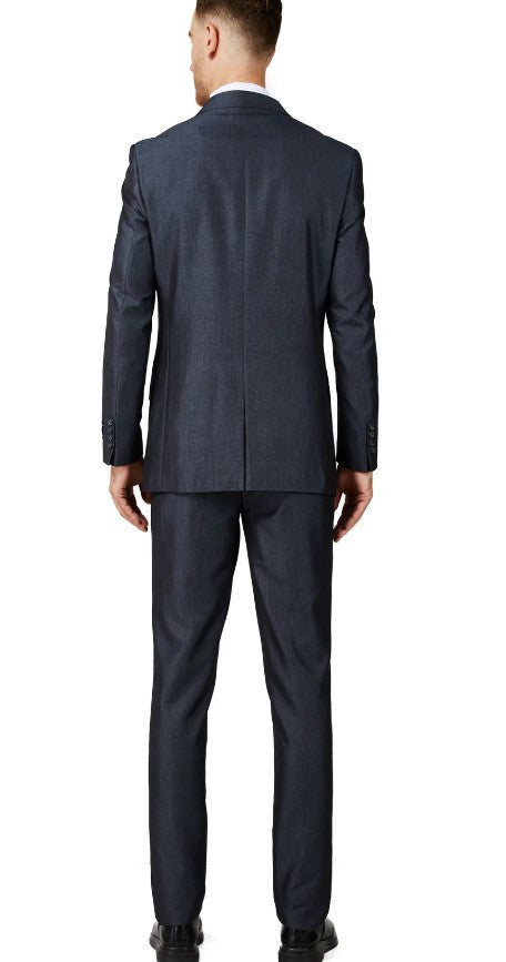 Mens Shiny Charcoal Blue Notched Lapel Suit Slim Fit