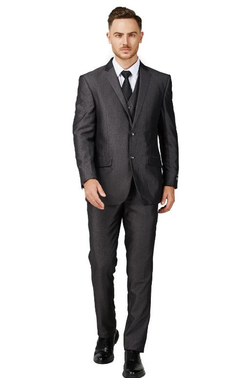 Mens Shiny Charcoal Notched Lapel Suit Slim Fit