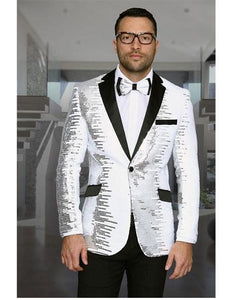 Men's Shiny Sequin 1 Button White &amp; Black Blazer ~ Black Dinner Jacket