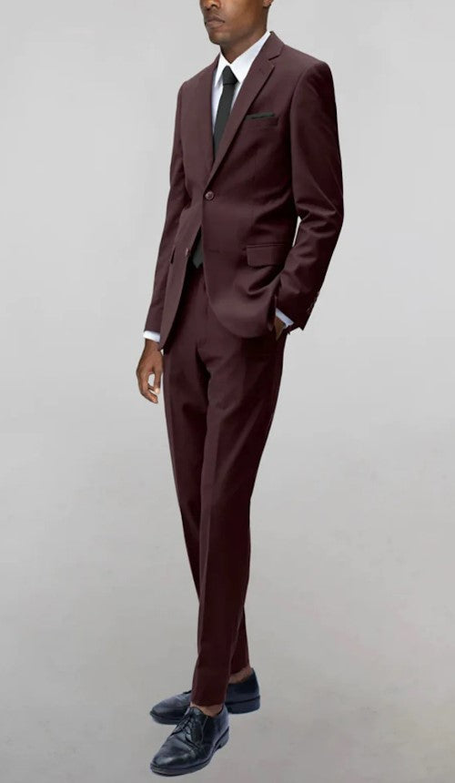 Mens Single Breasted Burgundy Notched Lapel Suit Slim Fit