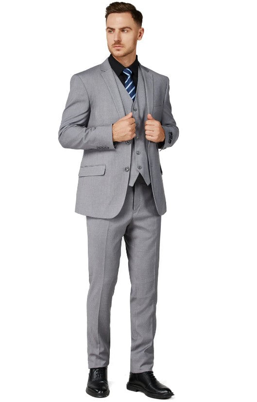 Mens Solid Light Gray Two Button Notched Lapel Suit Slim Fit