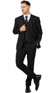 Mens Solid Black Single Breased Notched Lapel Suit Slim Fit Flat Front Pants
