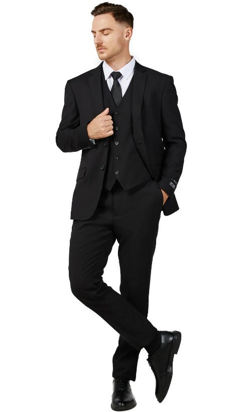 Mens Solid Black Single Breased Notched Lapel Suit Slim Fit Flat Front Pants