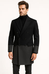 Mens Two-Tone Double-Breasted Overcoat in Black and Charcoal Gray Wool Fabric Topcoat